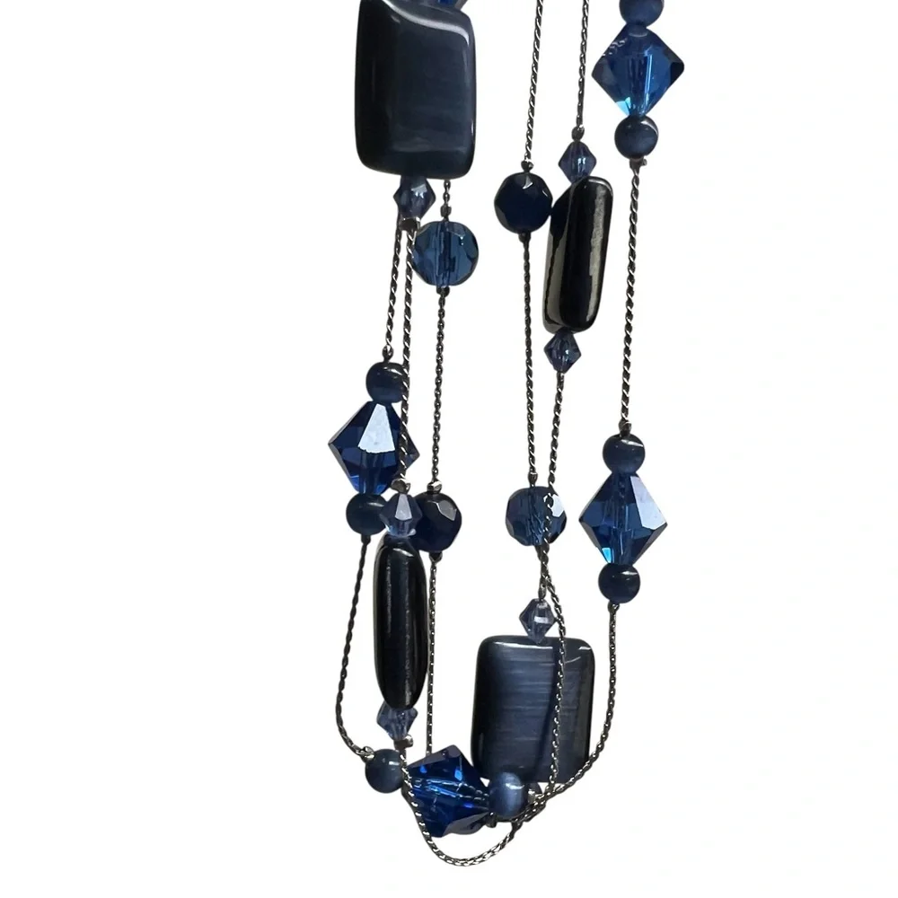 New~ Lia Sophia Cobalt Blue Art Glass Crystal Layered Illusion Necklace Retired